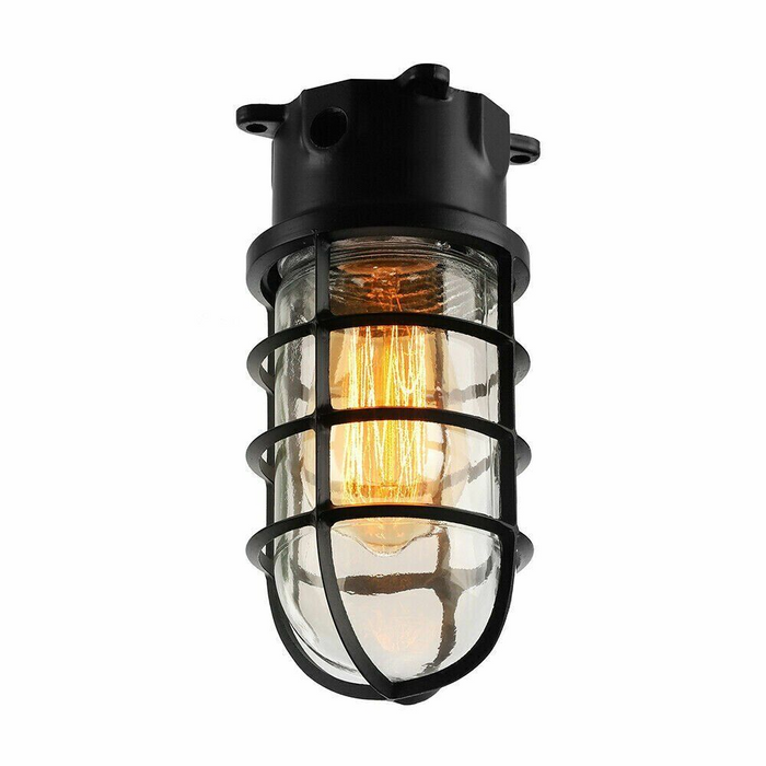 Black Industrial Wall Ceiling Cage Light Bulkhead Metal Marine Glass