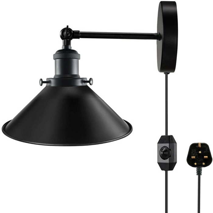 Black Plugin Wall Fitting Cone Metal Shade