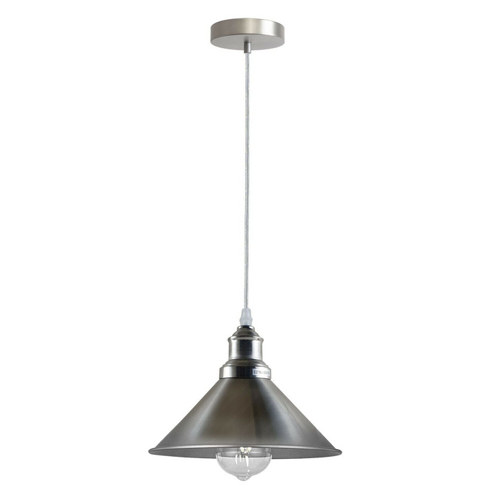 Industriële vintage hanglamp met enkel plafond Metalen kegel Satijnnikkel lampenkap E27 UK-houder