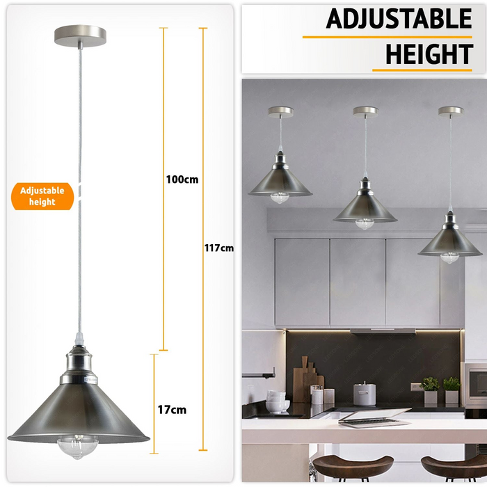 Industrial Vintage single ceiling Pendant Lighting Metal cone Satin Nickel Lampshade E27 UK Holder