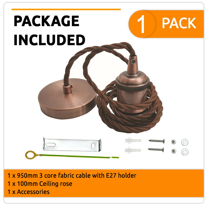 Vintage Copper Metal Ceiling Fitting BrownTwisted Braided Flex 2m E27 Lamp Holder Pendant Light