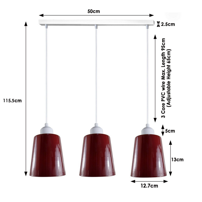 Industrial Modern Retro 3 Way Rectangle Bell shape Burgundy Pendant Light E27 UK holder