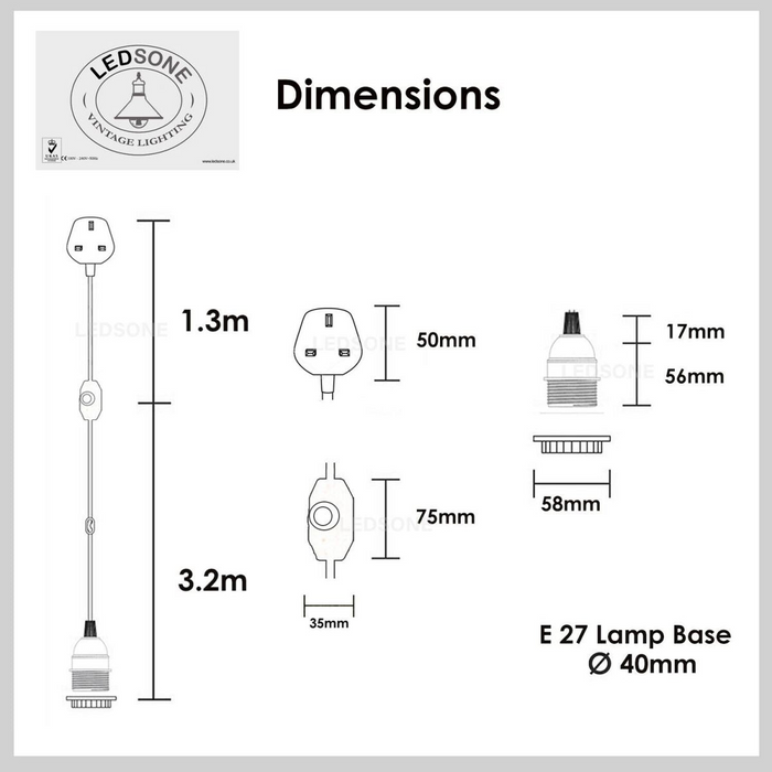 Brown Color Dimmer Switch 4.5m Fabric Flex Cable Plug In Pendant Lamp E27 Holder