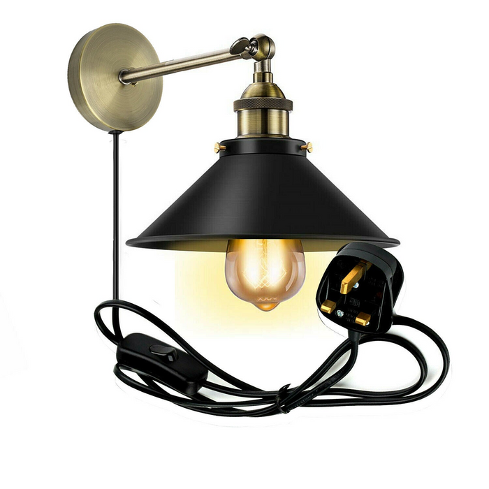 Vintage retro moderne plug-in wandlamp fitting zwarte schans lampenkap fitting schaduw wandlamp UK
