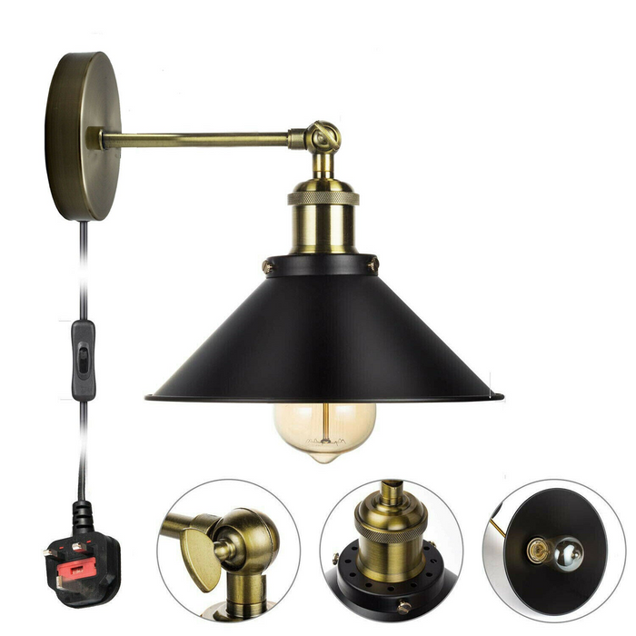 Vintage Retro Modern Plug In Wall Light Fitting Black Sconce Lamp shade fitting Shade Wall Light UK