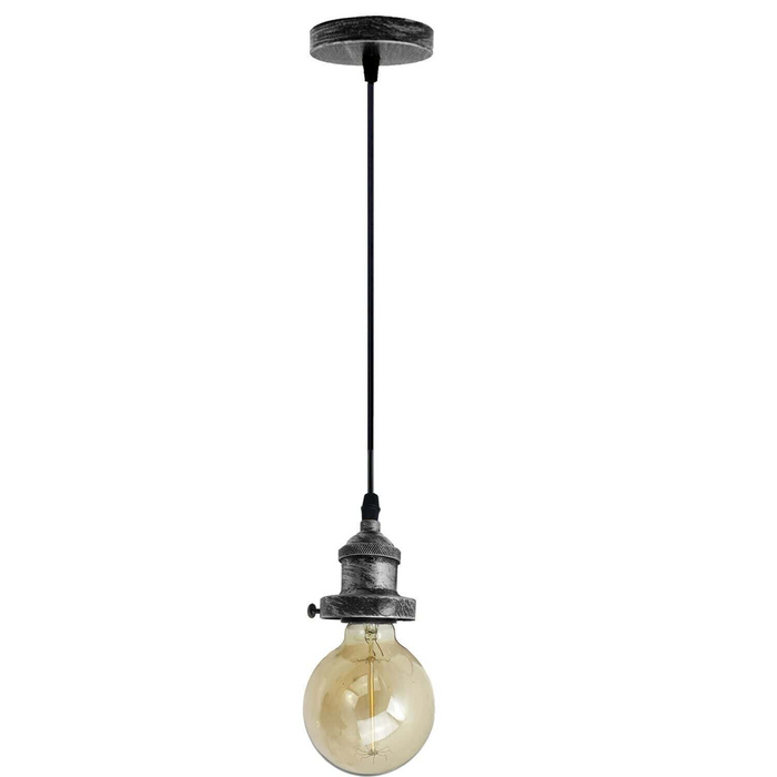E27 Ceiling Rose Light Fitting Vintage Industrial Pendant Lamp Bulb Holder Light - Brushed Silver
