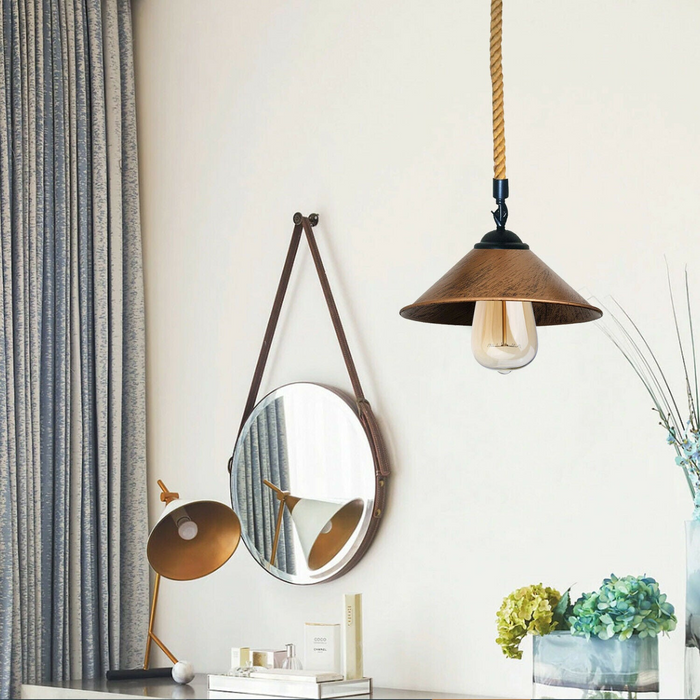 Brushed Copper Cone Lamp Shade With Hemp Pendant