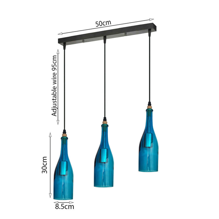 Industriële plafondhanglamp 3-kops blauwe glazen lampenkap