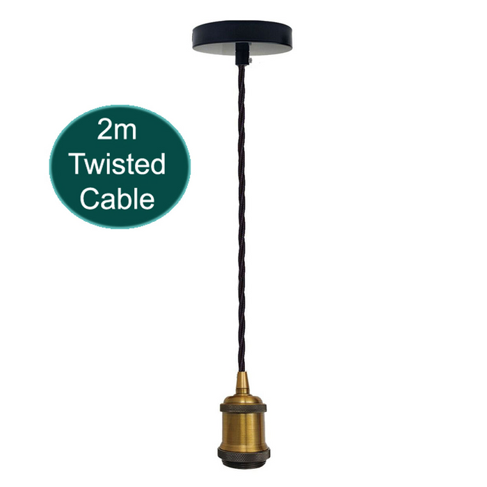 2m Black Twisted Cable E27 Base Pendant Yellow Brass Holder