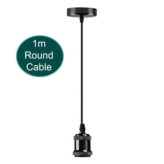 1m Black Round Cable E27 Base Black Holder