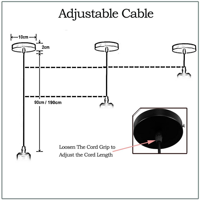 1m Black Round Cable E27 Base Black Holder