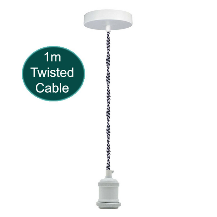 1m Grey Twisted Cable E27 Base White Holder