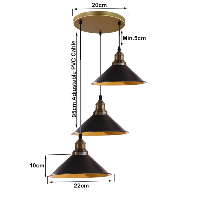 3 Lights Hanging Chandelier With Adjustable Cable With Black Shade