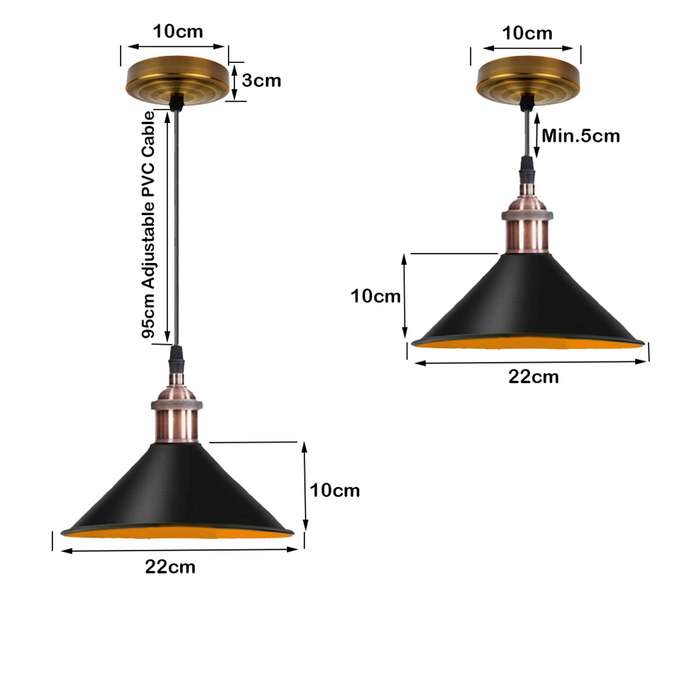 Retro metalen hanglamp, zwarte plafondlamp, lampenkap met koperen houder