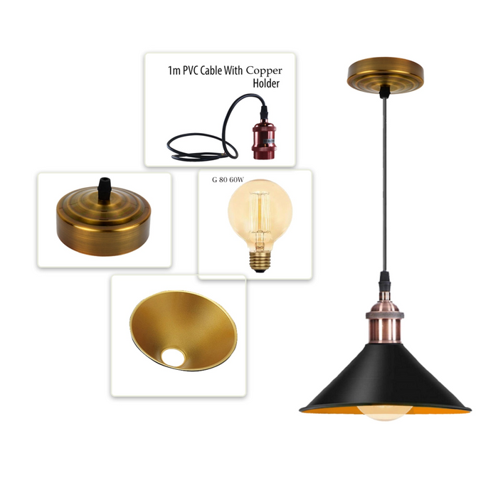 Retro metalen hanglamp, zwarte plafondlamp, lampenkap met koperen houder