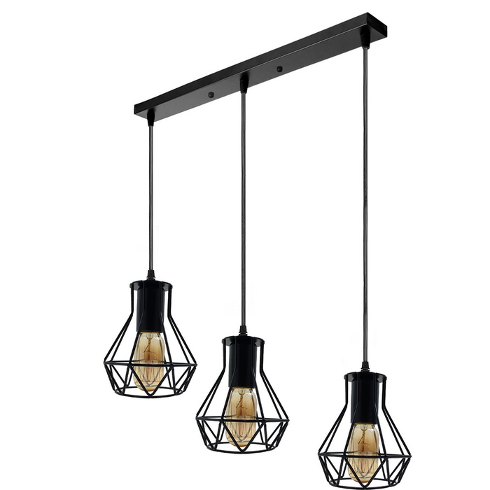 Industriële plafondhanglamp met metalen kooi, 3 koppen, UK