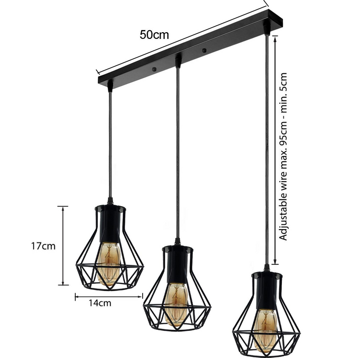 Industriële plafondhanglamp met metalen kooi, 3 koppen, UK