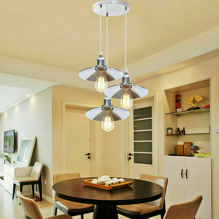 Retro 3 Head Pendant Hanging Light Chrome Metal Flat Lamp Shade For Bed room, Kitchen, Study room, Dining room