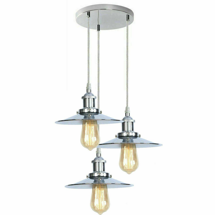 Retro 3 Head Pendant Hanging Light Chrome Metal Flat Lamp Shade For Bed room, Kitchen, Study room, Dining room