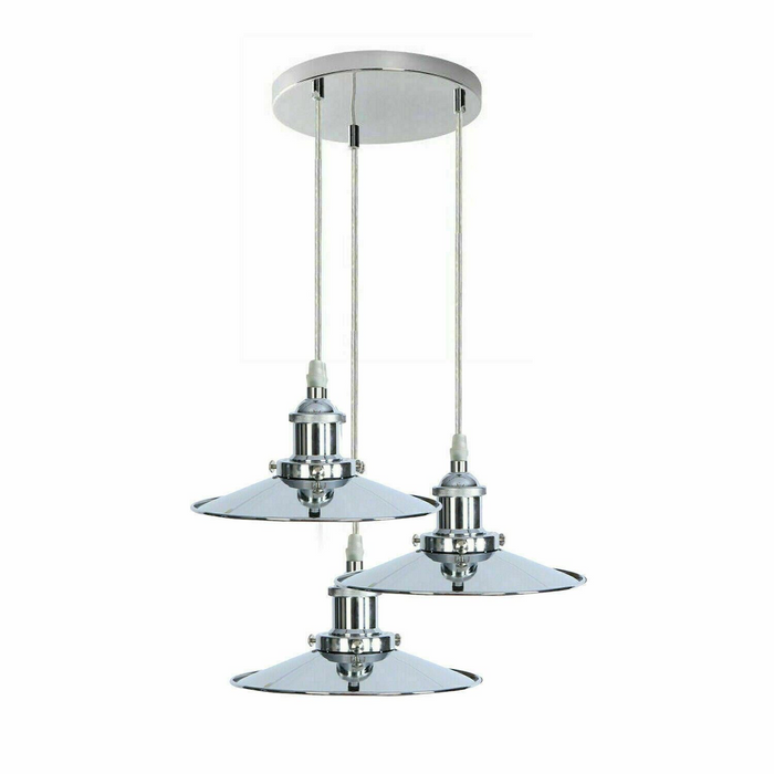 Retro 3 Head Pendant Hanging Light Chrome Metal Flat Lamp Shade For Bed room, Kitchen, Study room, Dining room