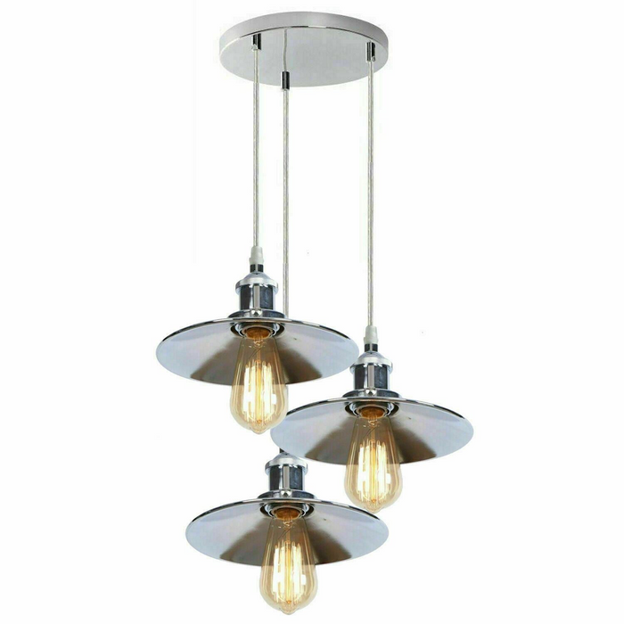 Retro 3 Head Pendant Hanging Light Chrome Metal Flat Lamp Shade For Bed room, Kitchen, Study room, Dining room