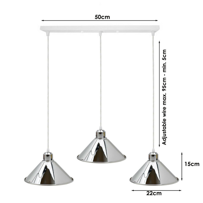 Moderne industriële chroom 3-weg plafond hanglamp metalen kegelvorm schaduw binnen hangende verlichting voor slaapkamer, eetkamer, woonkamer