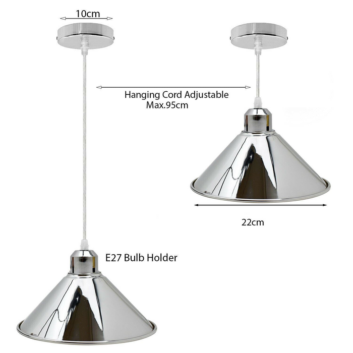 Modern Industrial Loft Chrome Ceiling Pendant Light Metal Cone Shape Shade Indoor Hanging Light Fitting For Basement, Bedroom, Conservatory