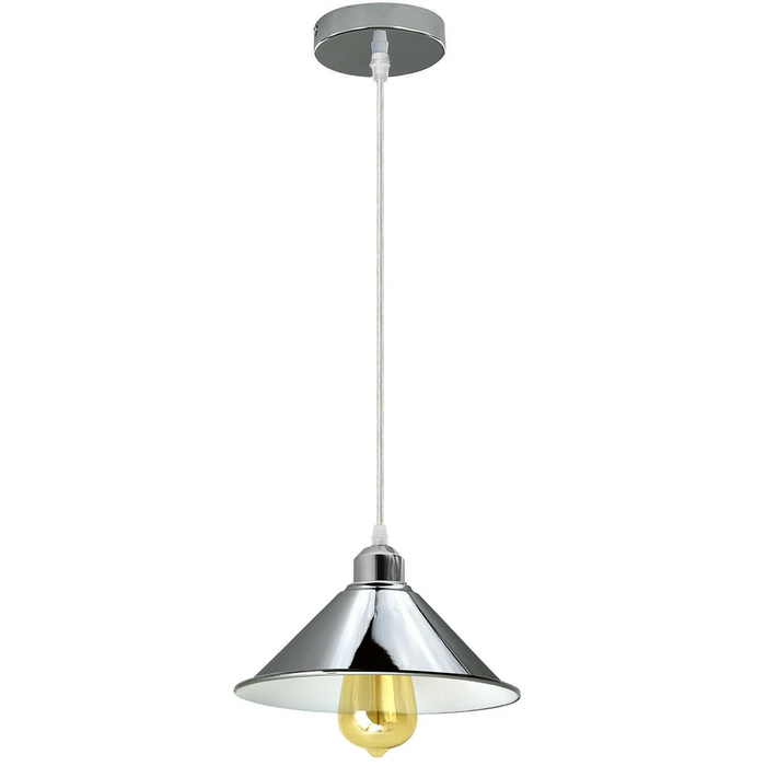 Modern Industrial Loft Chrome Ceiling Pendant Light Metal Cone Shape Shade Indoor Hanging Light Fitting For Basement, Bedroom, Conservatory