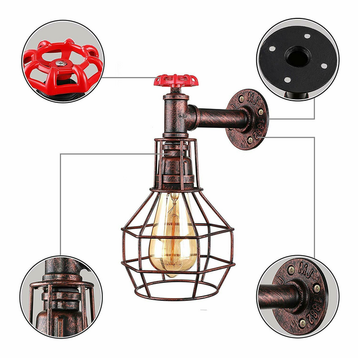 Rustic Red Modern Industrial Retro Vintage Style Pipe Cage Wall Light Wall Lamp Fixture
