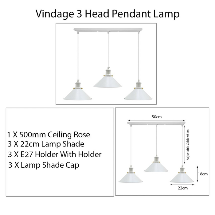 Vintage Industrial White 3 Way Hanging Pendant Light Indoor Ceiling Light Metal Cone Shape Shade