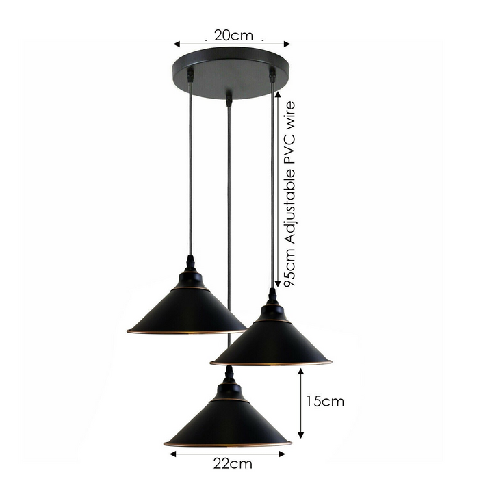 Industriële Vintage Ratio 3 kop Ronde Zwarte kegel Plafond Hanglampen E27 Houder Kroonluchter