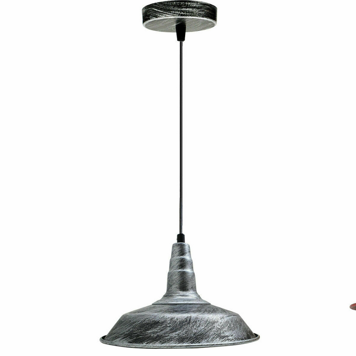 Industrial Vintage New Pendant Ceiling Light 26cm Bowl Shade Brushed Silver E27Uk Holder