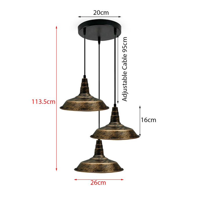 Industrial Vintage 3 head Lights Pendant Round Ceiling Light 26cm Bowl Shade Brushed Copper