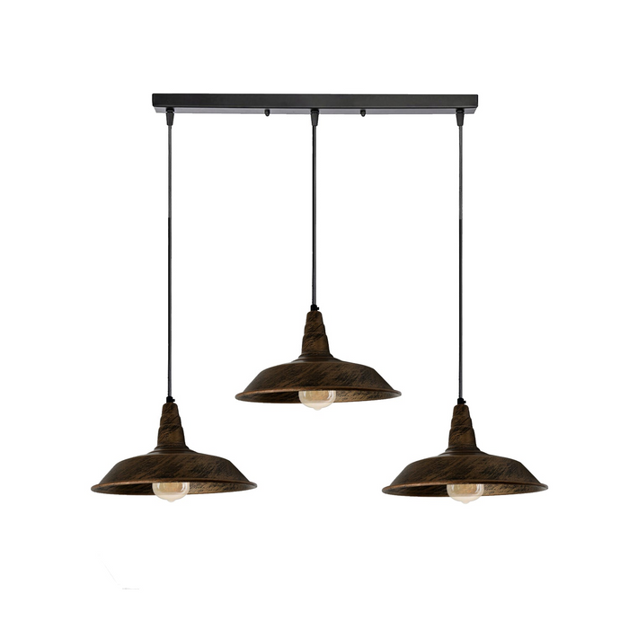 Industrial Vintage 3 head Lights Pendant Rectangle Ceiling Light 26cm Bowl Shade Brushed Copper