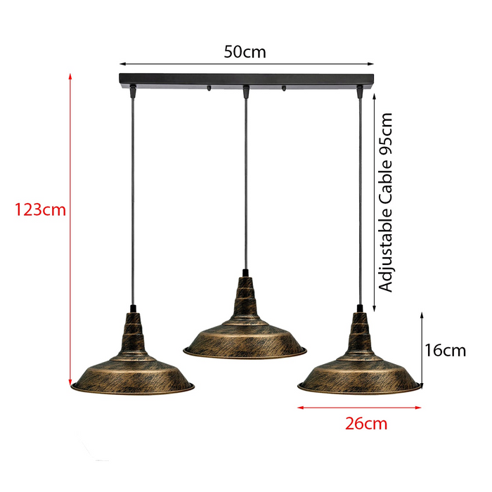 Industrial Vintage 3 head Lights Pendant Rectangle Ceiling Light 26cm Bowl Shade Brushed Copper