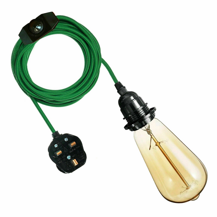 4M Fabric Flex Cable UK Greencolour Plug In Pendant Lamp Light Set E27 Bulb Holder+ switch