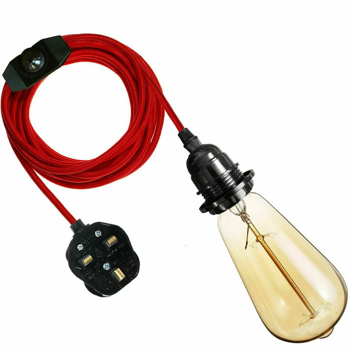 4M Fabric Flex Cable UK Red colour Plug In Pendant Lamp Light Set E27 Bulb Holder+ switch