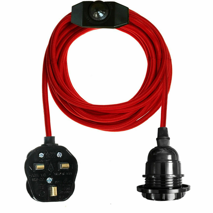 4M stoffen flexkabel UK rode kleur plug-in hanglamp lichtset E27 lamphouder + schakelaar