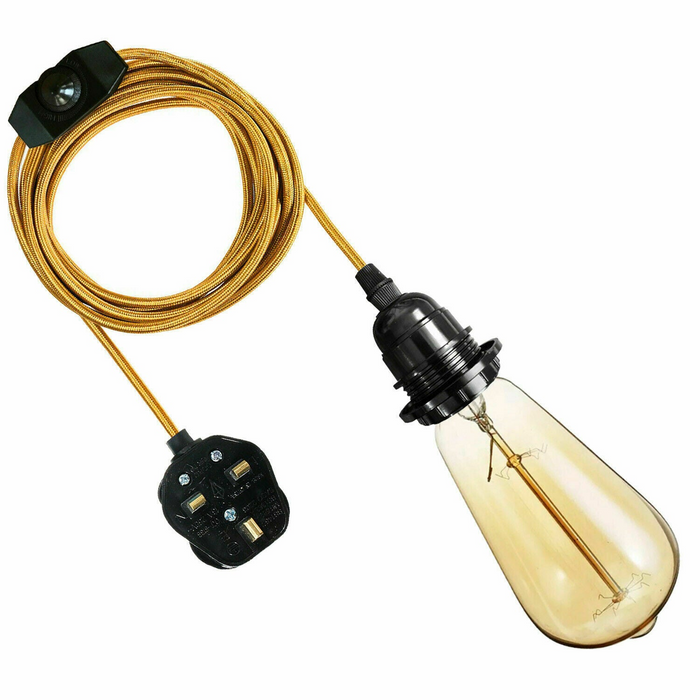 4M stoffen flexkabel UK goudkleurige plug-in hanglamp lichtset E27 lamphouder + schakelaar