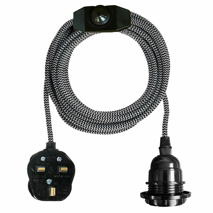 4M stoffen flexkabel UK Zwart-witte kleur Plug-in hanglamp Lichtset E27 lamphouder + schakelaar