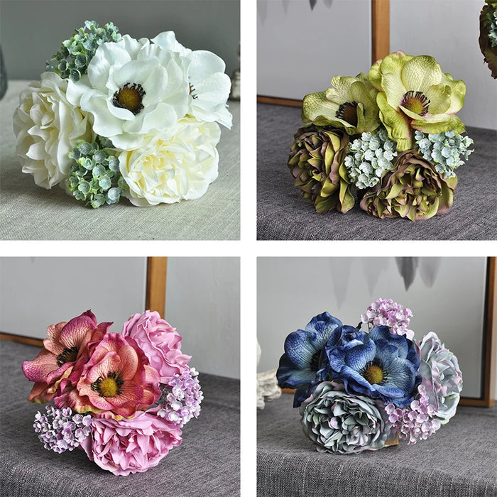 Beautiful Nordic Peony & Anemone Artificial White Silk Flowers Bouquet – Wedding, Home Decor, DIY, and Scrapbook Craft Accessories