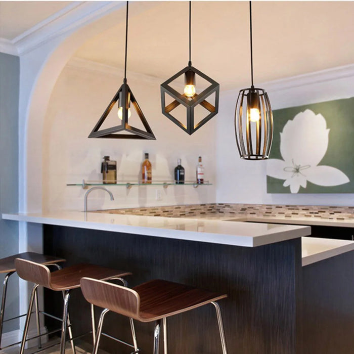 Retro Geometric Hanging Light – Metal Flush Mount Pendant Lamp for Home Decor, Modern Vintage Ceiling Down Light with E27 Base