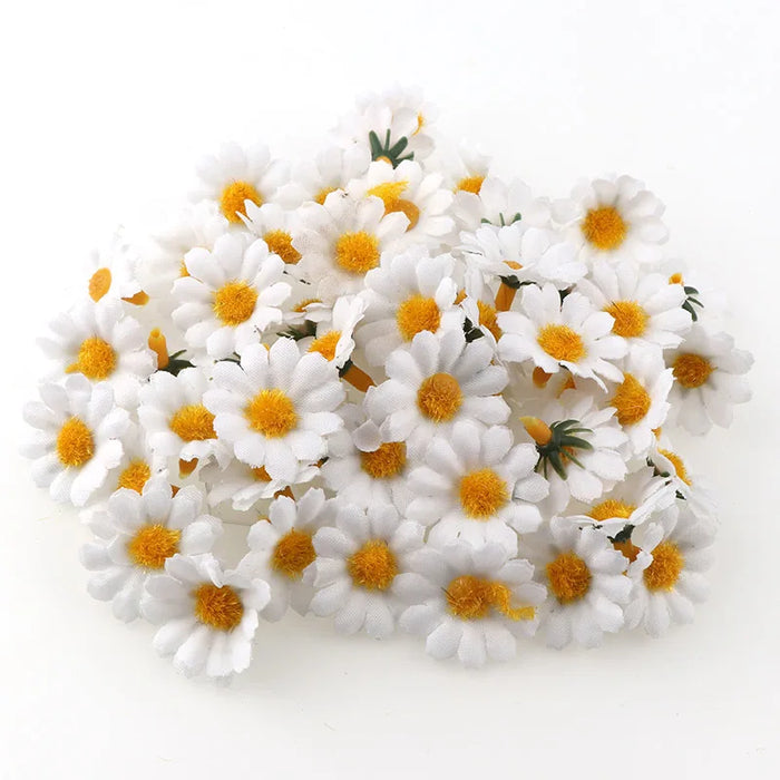 100PC Mini Daisy Artificial Silk Flowers – 2.5cm Decorative Flower Heads for Party, Wedding, and Home Decor (No Stem)