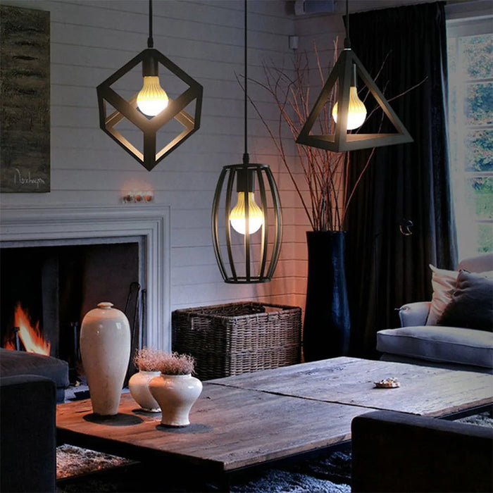 Retro Geometric Hanging Light – Metal Flush Mount Pendant Lamp for Home Decor, Modern Vintage Ceiling Down Light with E27 Base