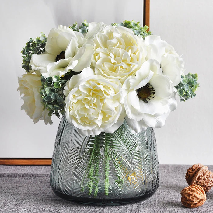 Beautiful Nordic Peony & Anemone Artificial White Silk Flowers Bouquet – Wedding, Home Decor, DIY, and Scrapbook Craft Accessories