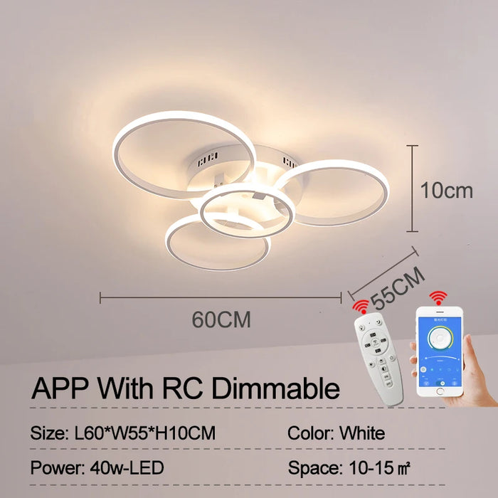 Modern LED Ceiling Light – Dimmable RC & APP Control, Circular Ring Design for Living Room, Bedroom, Kitchen & Dining Room