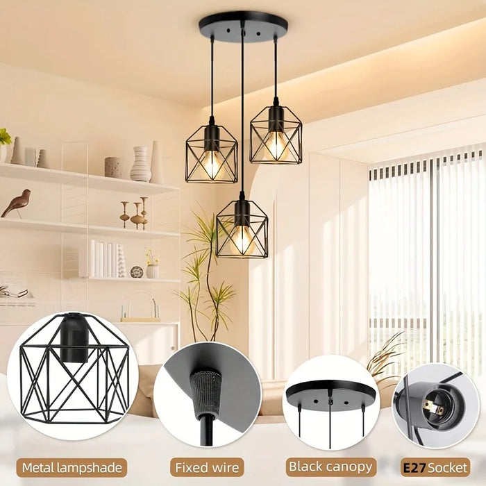 Vintage 3-Head Pendant Lamp – Black Metal Hanging Chandelier with E27 Base for Living Room, Dining Room, and Bedroom