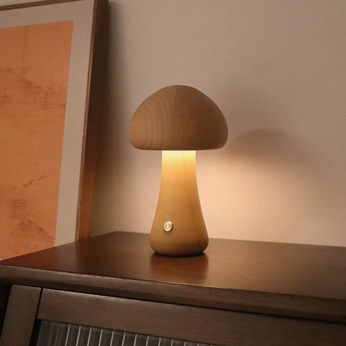 Cute Mushroom LED Night Light – Wooden Bedside Table Lamp with Touch Switch, Adjustable Brightness, and Portable USB Charging