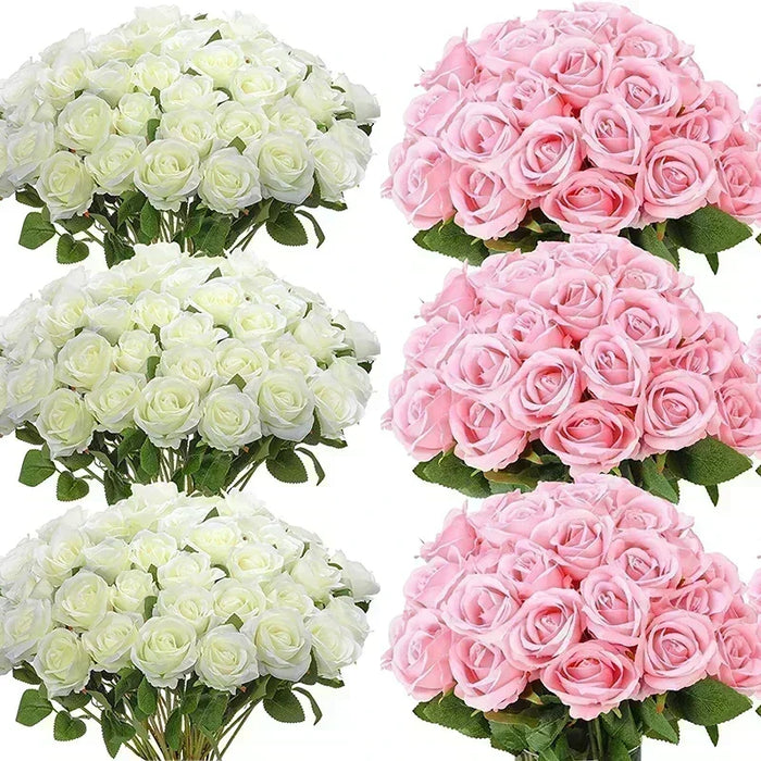 50 Pcs Artificial Silk Roses Bouquet – Real-Looking Fake Red Roses for Wedding, Party, and Home Decorations – DIY Floral Arrangements for Centerpieces