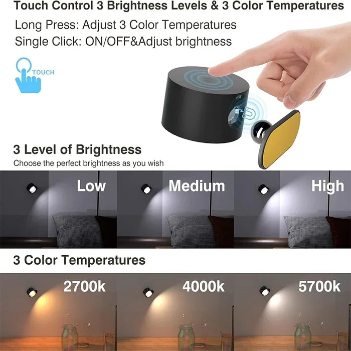 LED Wall Lamp with Touch Control – 360° Rotatable, USB Rechargeable, Wireless Portable Night Light for Bedroom, Reading, and Home Decor